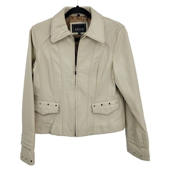 Adler Collection Lamb Skin Leather Moto Jacket M Cream Retro 70s Studded Zip - Picture 1 of 16